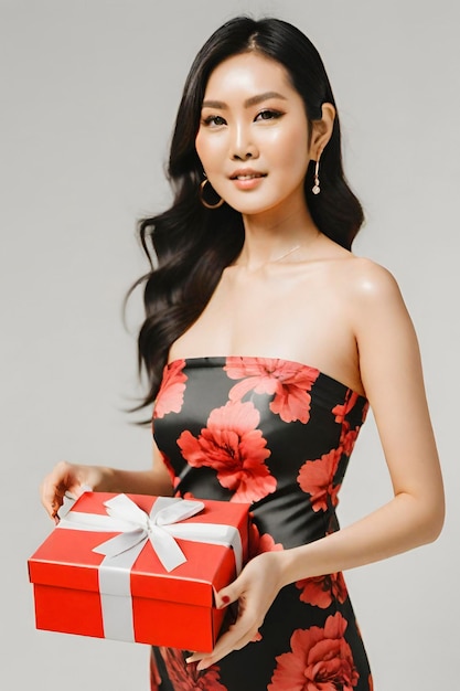 Fröhliches junges asiatisches Model mit Geschenkbox feiert besondere Momente