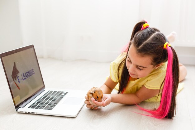 Fröhliches junges kleines Mädchen mit einem Haustierhamster mit Laptop-Computer, der zu Hause über ein Online-E-Learning-System lernt. Fern- oder Fernunterricht