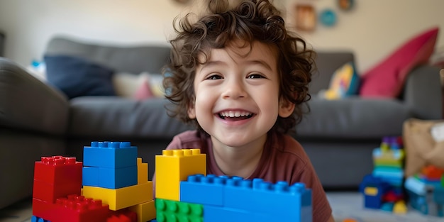 Fröhliches Kind, das mit farbenfrohen Bausteinen spielt, aufrichtiges Lächeln, Spaß im Inneren, kreatives Spielkonzept, Kindheitsfreude in häuslicher Umgebung, KI