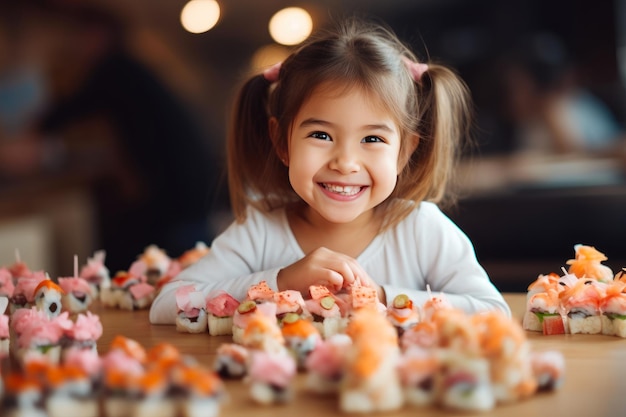 Fröhliches Kind erwartet das Vergnügen des Sushi