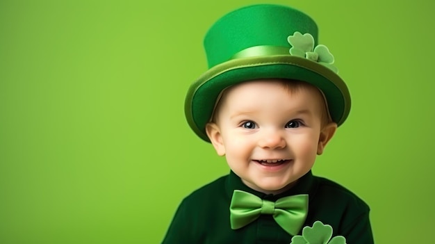 Fröhliches Kind in einem grünen Outfit mit Shamrocks auf einem farbigen Hintergrund Generative KI