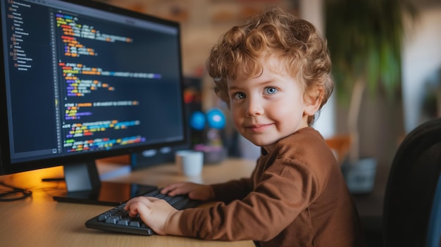 Fröhliches Kind mit lockigem Haar, das auf einem Computer programmiert