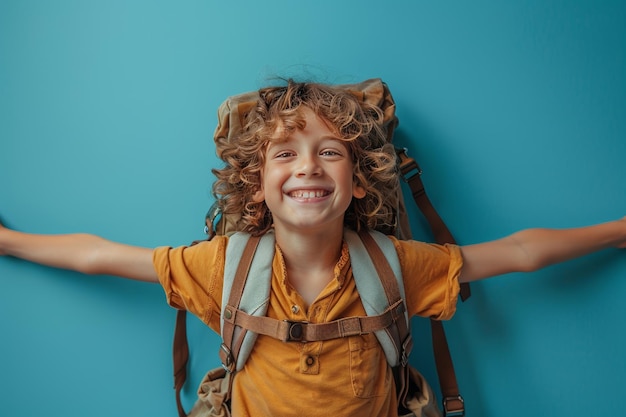 fröhliches Kind mit Rucksack, das lächelt und auf die Kamera auf blauem Hintergrund schaut