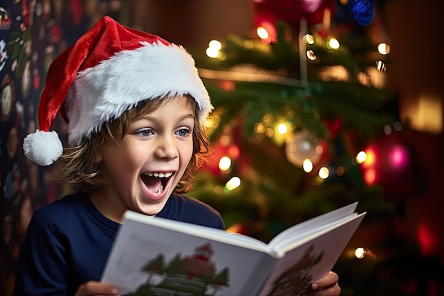 Foto fröhliches kind singt weihnachtslieder mit einem fröhlichen gesicht