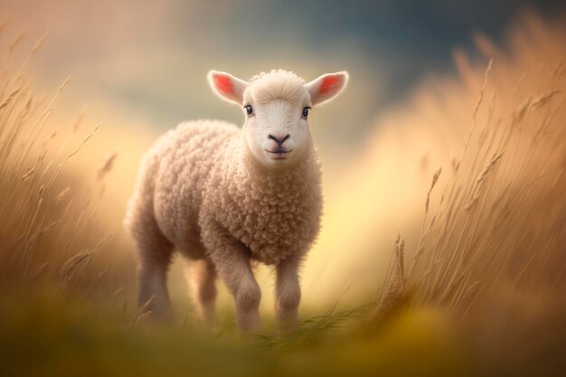 Fröhliches kleines Lamm mit einem großen Lächeln im Gesicht