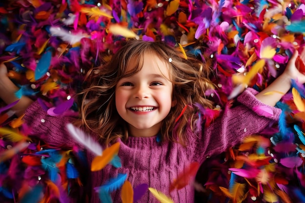 Fröhliches lächelndes Mädchen inmitten einer Explosion lustiger farbiger Federn, die von der KI erzeugt wurden