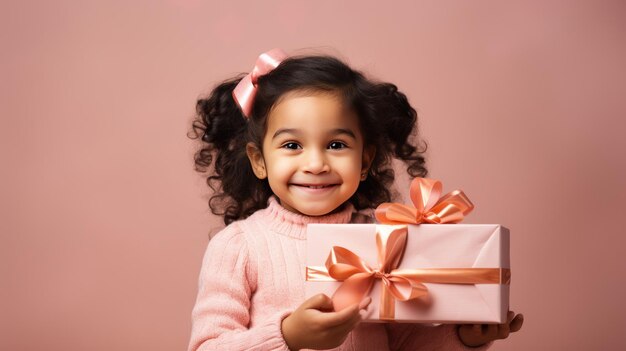 Fröhliches lächelndes Mädchen mit Geschenkbox auf farbigem Hintergrund