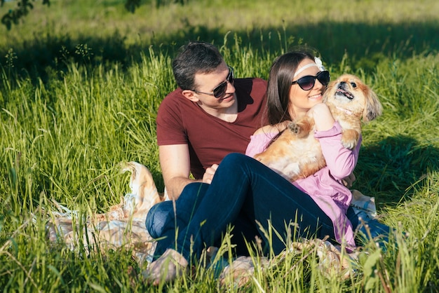 Fröhliches, liebevolles junges Paar, das an einem sonnigen Sommertag Zeit im Park auf einem grünen Rasen verbringt
