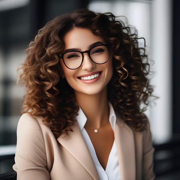 Fröhliches, lockiges Geschäftsmädchen mit Brille