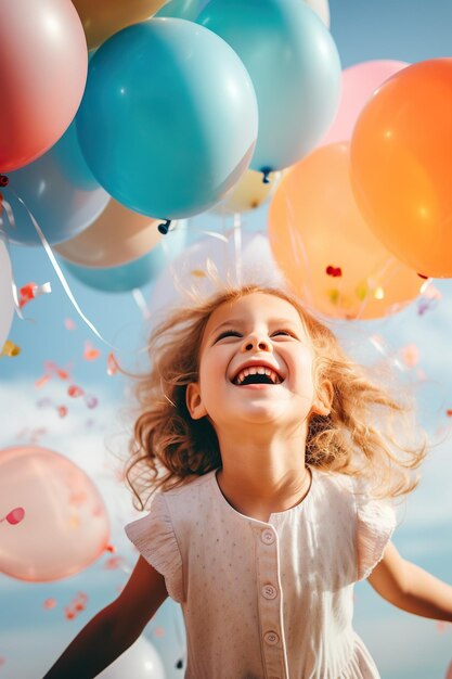 Fröhliches, lustiges Kindermädchen mit bunten Luftballons auf einem Himmelshintergrund. Kind hat Spaß mit Luftballons