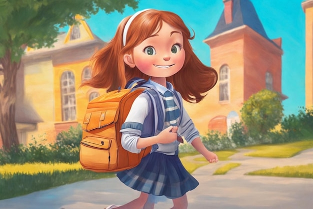 Fröhliches Mädchen begrüßt den ersten Schultag und geht mit Rucksack-generierter KI auf die Schule zu