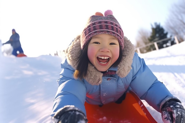 Fröhliches Mädchen beim Rodeln im Freien an einem klaren Wintertag. Generative KI