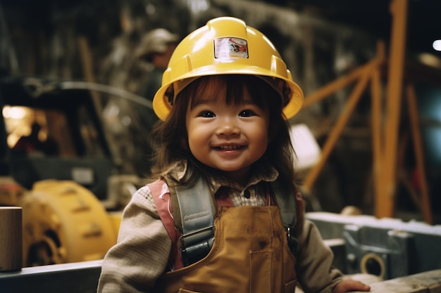 Fröhliches Mädchen im Bauarbeiterkostüm mit generativer KI