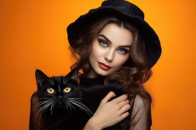 Fröhliches Mädchen im Hexenkostüm mit einer schwarzen Katze in den Händen auf orangefarbenem Hintergrund