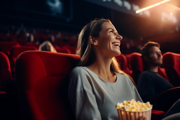 Fröhliches Mädchen mit Eimer Popcorn auf der Abendparty