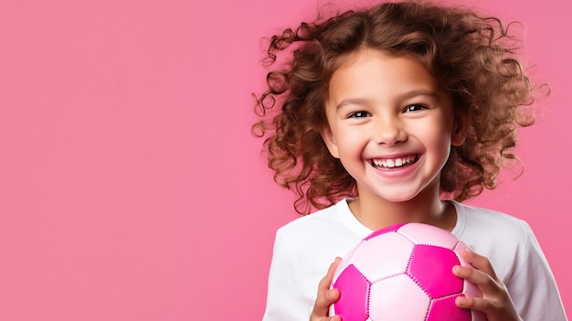 Fröhliches Mädchen mit einem Fußball in der Hand, isoliert auf rosa Hintergrund