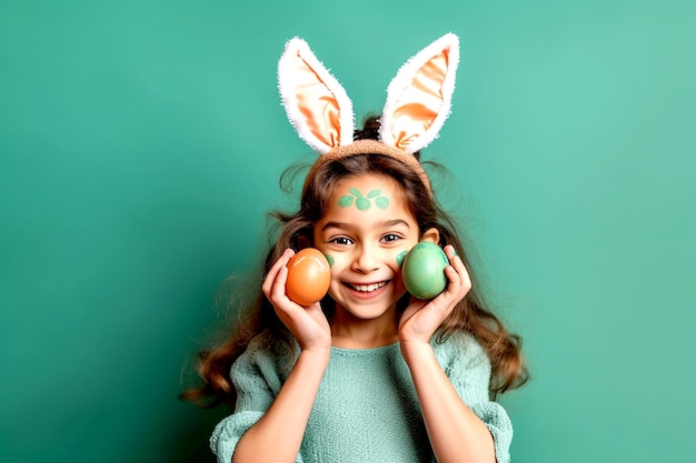 Fröhliches Mädchen mit Hasenohren, das Ostereier im Gesicht auf grünem Hintergrund hält Generative KI