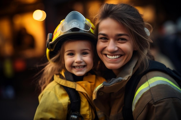 Fröhliches Mädchen mit weiblicher generativer Feuerwehrfrau