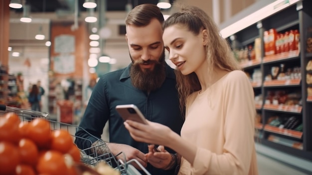 Fröhliches Paar, das im Supermarkt einkauft und Einkaufslisten am Telefon mit generativer KI vergleicht