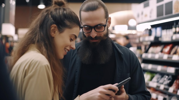 Fröhliches Paar, das im Supermarkt einkauft und Einkaufslisten am Telefon mit generativer KI vergleicht