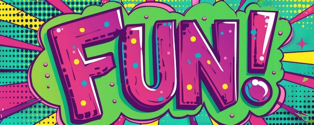 Fröhliches Popart-Banner mit dem Wort Spaß in lebhaften Farben und Comic-Stil