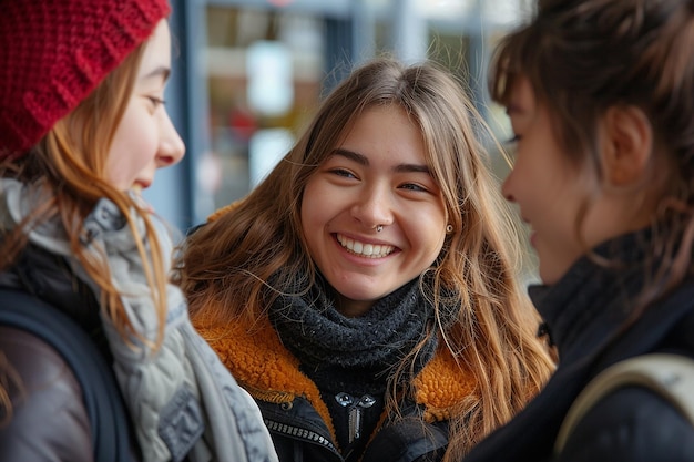 Fröhliches Porträt einer Studentin, die mit Universitätsfreunden spricht