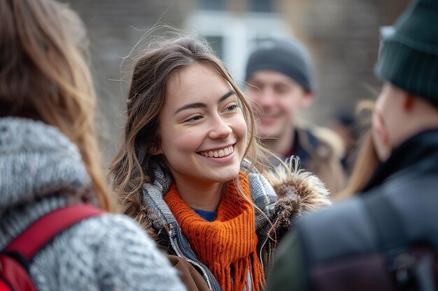 Fröhliches Porträt einer Studentin, die mit Universitätsfreunden spricht