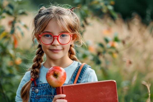 Fröhliches Schulmädchen mit Apfel Ein Porträt des Jugendlichen Lernens