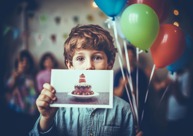 Fröhliches, süßes Kinderporträt zur Geburtstagsfeier eines kleinen Jungen mit Kuchenballons und Geburtstagsgirlanden