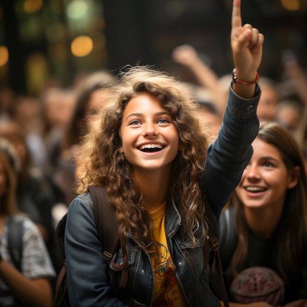 Fröhliches Teenager-Mädchen schaut die Lehrerin an, während sie die Hand hebt, um zu antworten. Zurück zum Schulkonzept