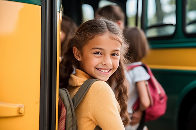 Fröhliches und lächelndes kleines Mädchen, das einen Rucksack in lässiger Kleidung trägt und zurück zur Schule geht. Süßes Mädchen bekommt