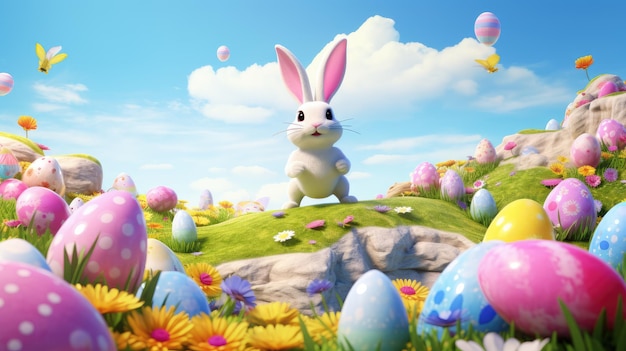 Fröhliches weißes Cartoon-Kaninchen, das viele bunte Ostereier gefunden hat