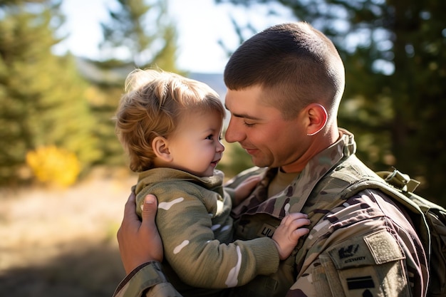 Fröhliches Wiedersehen eines Soldaten mit seinem Kind