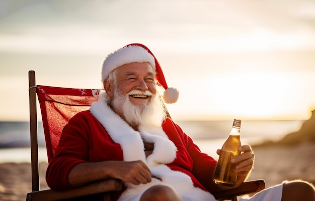 Foto frohe lächelnde weihnachten weihnachtsmann mit biergetränk erholung entspannung im liegestuhl liegestuhl am tropischen sandstrand urlaubsreisen in heißen ländern neujahrsferienkonzept