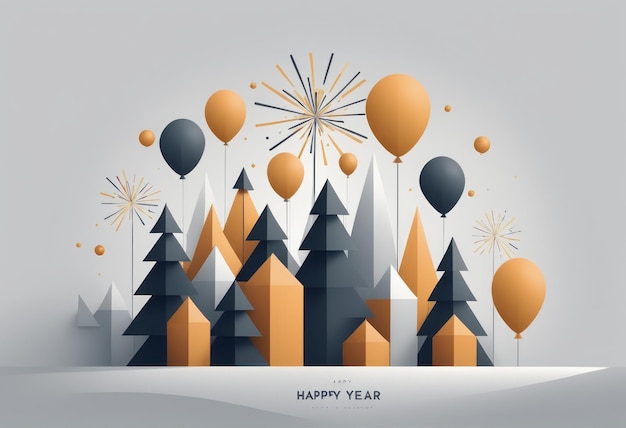 frohe neujahrskarte mit ausgeschnittenem papier geschnittenem weihnachtsbaum geschenkkisten und ballshappy new yea