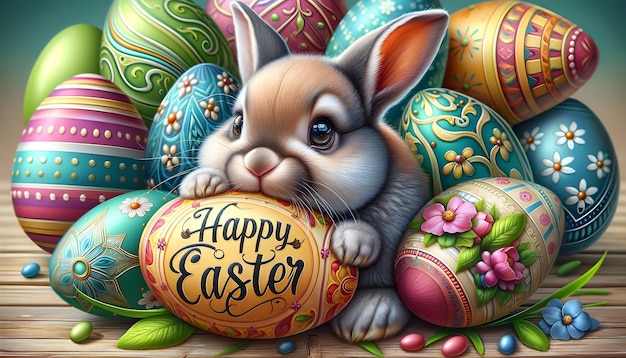 Frohe Osterillustration Osterhase mit geschmückten Eiern niedliche Tiere festlicher Hintergrund
