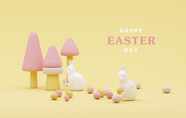 Frohe Ostern auf pastellfarbenem Hintergrund Design-Kaninchen mit Eiern Cartoon minimaler Stil 3D-Rendering