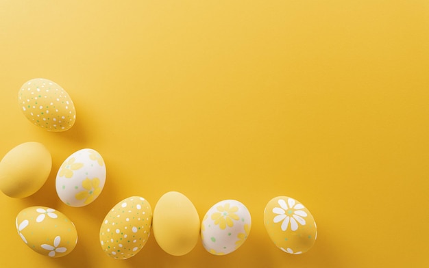 Frohe Ostern Bunte Ostereier auf gelbem Hintergrund Dekorationskonzept für Grüße und Geschenke am Ostertag feiern Zeit