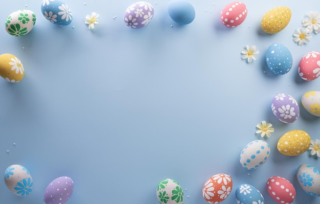 Frohe Ostern Bunte Ostereier auf pastellfarbenem Hintergrund Dekorationskonzept für Grüße und Geschenke am Ostertag feiern Zeit