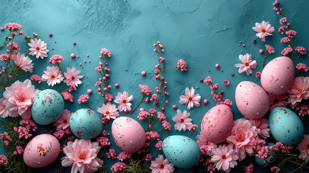 Frohe Ostern, bunte Ostern-Schokolade-Eier mit Kirschblüten liegen flach auf blauem Hintergrund