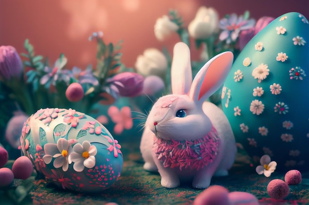 Frohe Ostern Entzückender Hase in pastellfarbener Blumenwiese Generative KI