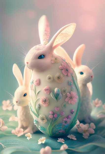 Frohe Ostern Entzückender Hase in pastellfarbener Blumenwiese Generative KI
