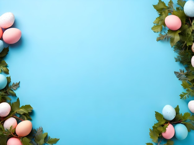 Frohe Ostern gefärbte Ostereier auf einem rustikalen Tisch mit Kirschblütenbaumzweig auf blauem Hintergrund