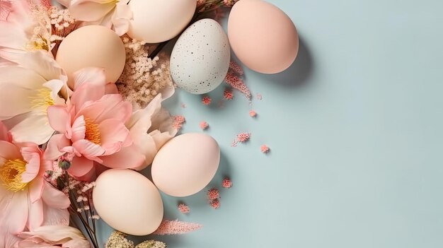 Frohe Ostern-Konzeptdesign aus bunten Eiern und Blumen auf pastellfarbenem Hintergrund