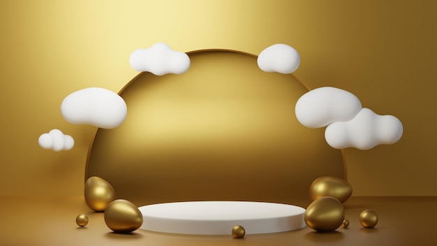 Frohe Ostern Produktständer Osterpodium auf goldenem Hintergrund 3D-Rendering