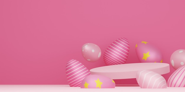 Foto frohe ostern produktständer osterpodium auf pastellrosa hintergrund 3d-rendering