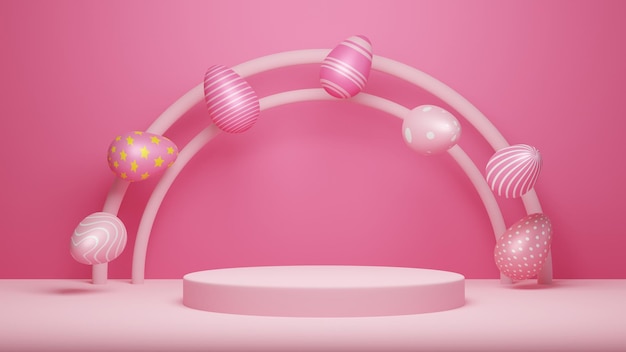 Frohe Ostern Produktständer Osterpodium auf pastellrosa Hintergrund 3D-Rendering