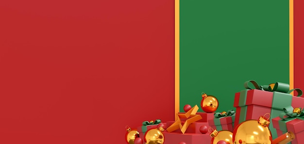 Frohe Weihnachten Banner Poster und Cover Design Hintergrund Weihnachtsstudio Tisch Zimmer Produktanzeige mit Kopierraum 3D-Darstellung