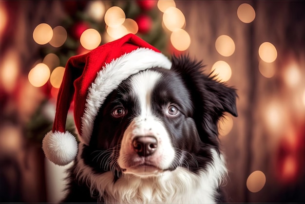 Frohe Weihnachten Ein liebenswerter und lustiger Border Collie-Wund in Weihnachtsmannshut und Outfit