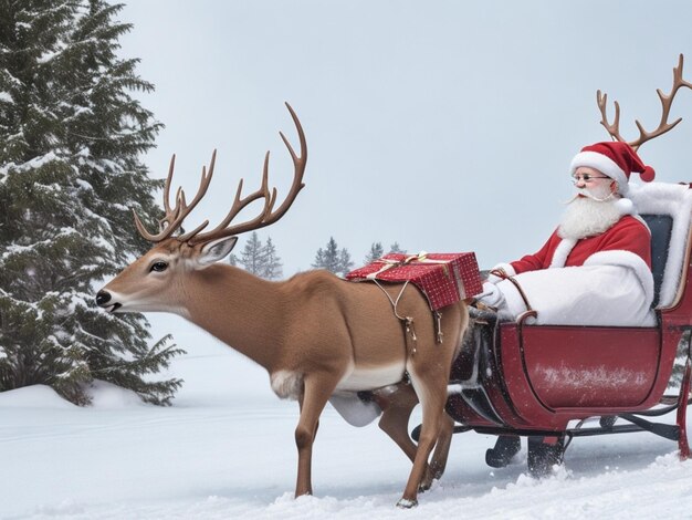 Frohe Weihnachten Foto des Weihnachtsmanns mit Hirschen und Geschenkkiste ein Team von Rentieren